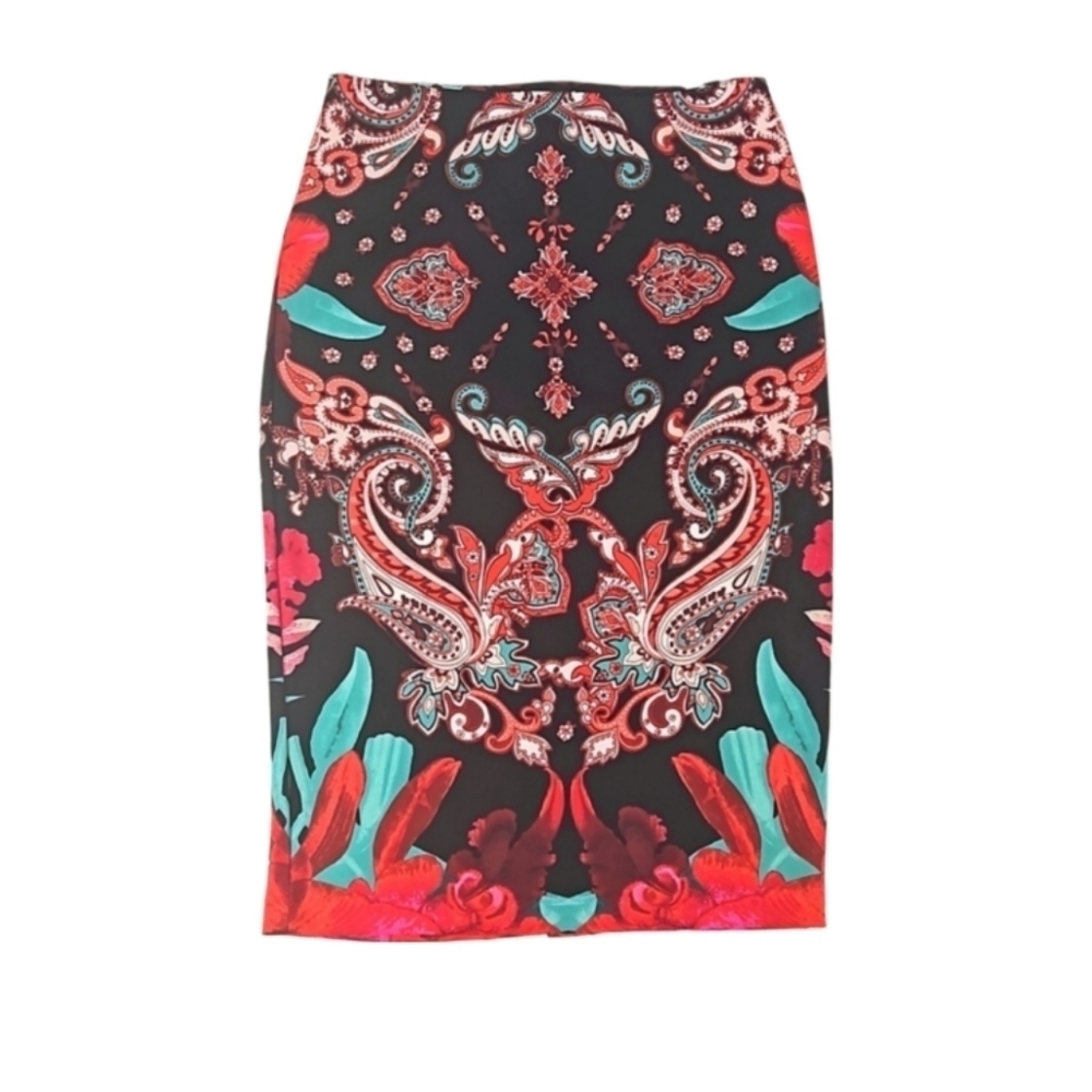 Colorful Kaleidoscope Paisley Feather Print Stretch Pencil Midi Skirt, Multi, 2